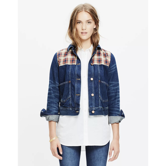 Madewell Denim Jean Plaid Insert Trucker Jacket Size XXS 2XS Cropped Fall - Picture 1 of 8